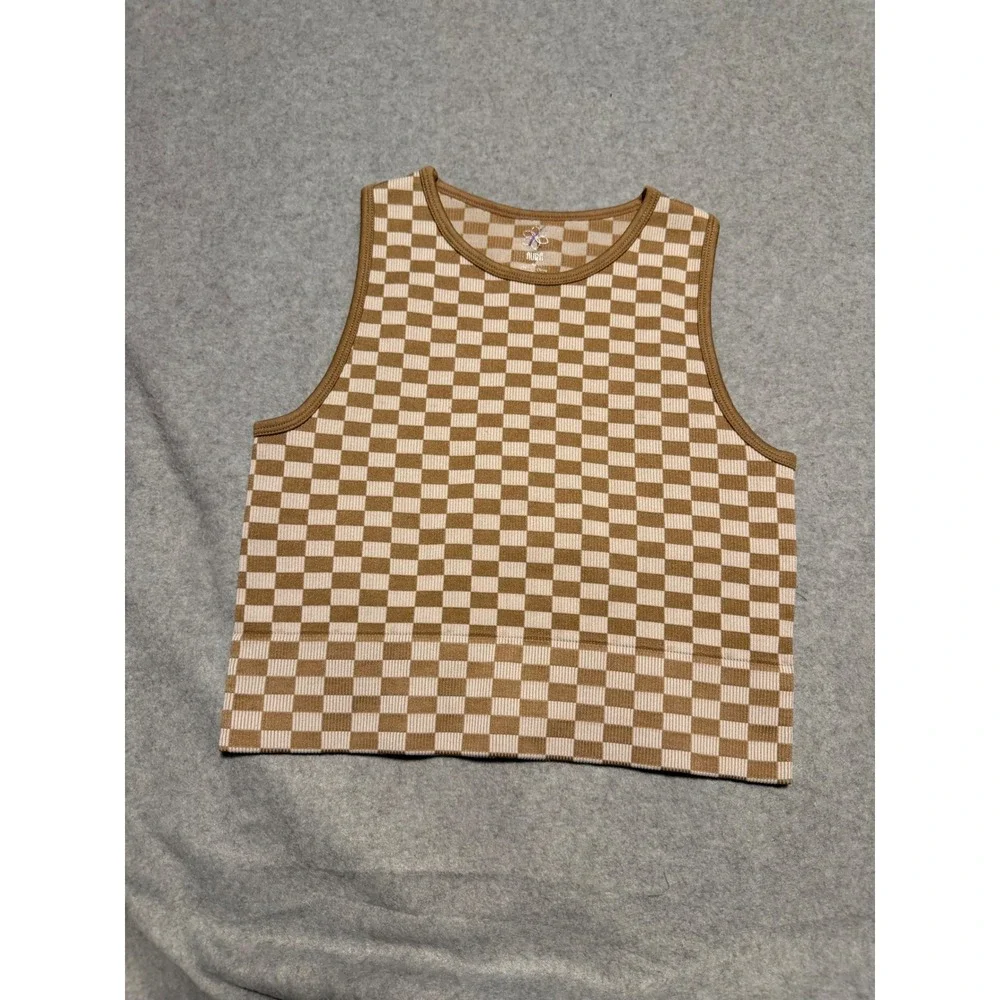 Aura Checkered Crop Tank Top Brown Tan Ribbed Knit Sleeveless Crew Neck M/L